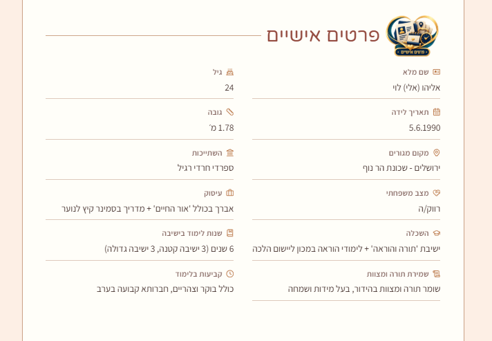 דוגמת כרטיס שידוכים - פרטים אישיים